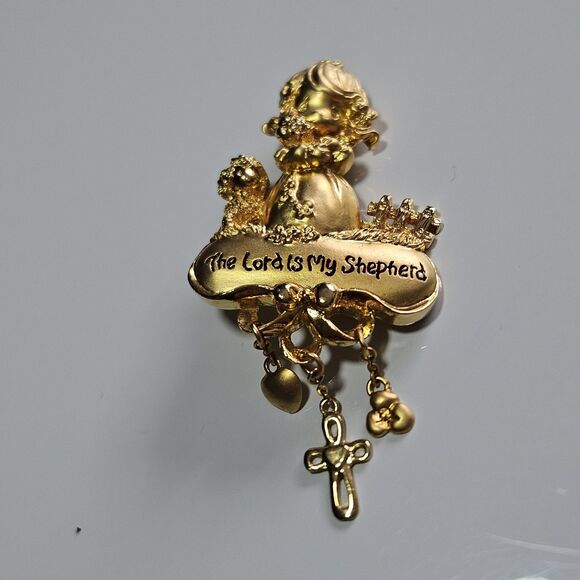 Vintage PMI Precious Moments gold tone Brooch The Lord is My Shepherd w/charms - Picture 10 of 10